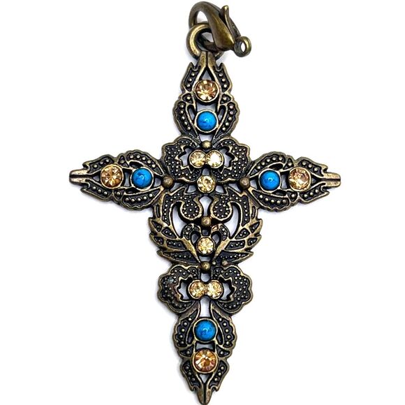 Bronze copper tone Ornate Cross Pendant with Blue turquoise Gold crystal Accents - Picture 7 of 8